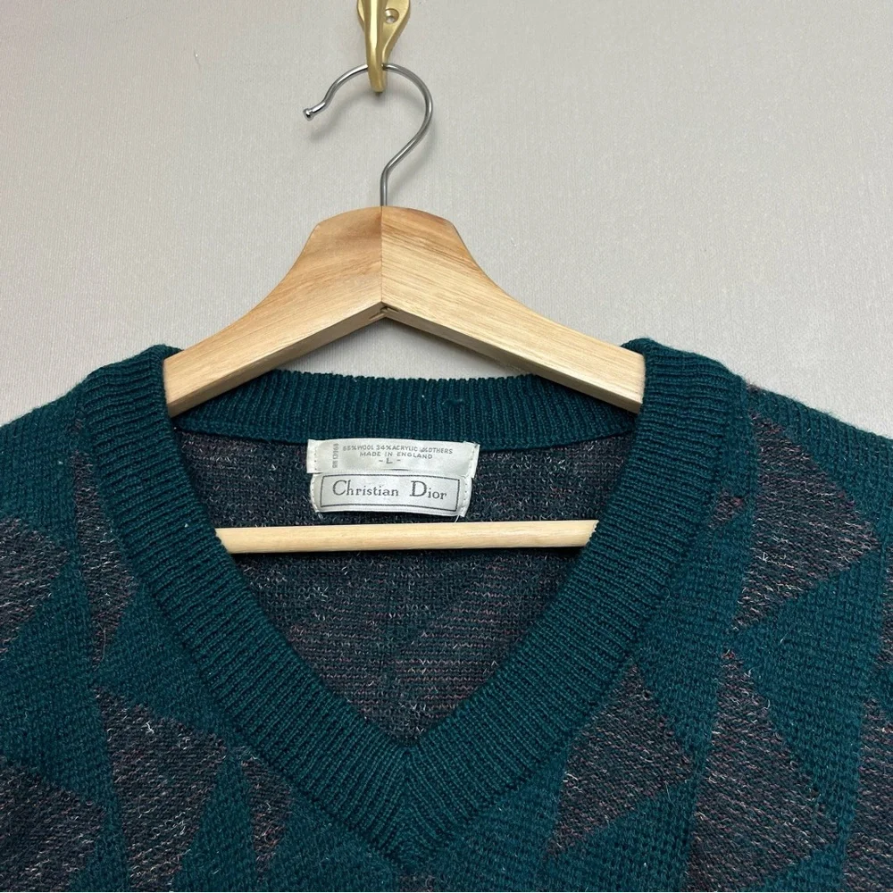 Vintage Christian Dior V Neck Wool Acrylic Blend Green‎ Triangles Print Size L